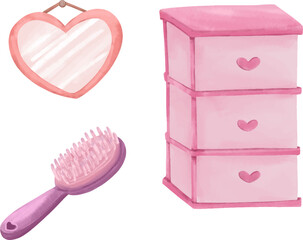 cute vector watercolor crayon illustration style set collection of heart shaped pink mirror, shelf container and purple hair comb on white background for valentine girl