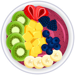 Tropical Acai Bowl with Kiwi, Mango, Banana, Raspberries and Strawberries - Top View Illustration 