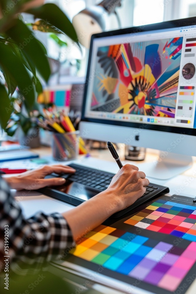Fototapete side view of a graphic designer working in a modern open space office. profession concept.