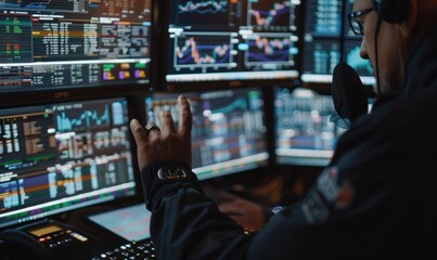Fototapeta premium Bussiness man doing market analyze with monitor or screen charts.