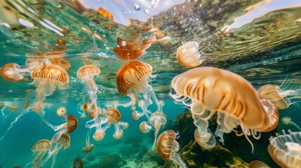 Swirling schools of jellyfish glide effortlessly through crystal clear waters their long tentacles trailing behind them in a graceful dance. These ethereal beings are just