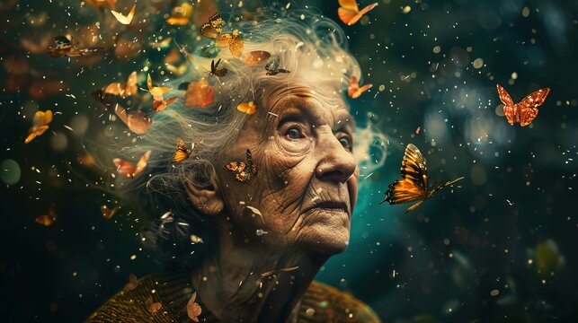 An elderly woman with a look of wonder is surrounded by a flurry of butterflies. Her gray hair is slightly disheveled and speckled with the soft golden tones of the butterflies that hover near her. Th