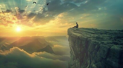 A person is seated on the edge of a high, rocky cliff with their legs hanging over the side. The cliff overlooks a majestic landscape of rolling hills partially shrouded by a sea of clouds, lit by the