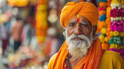 An older man with a weathered face is pictured close-up, wearing a vibrant orange turban and matching robes. He has a solemn expression and a full, white beard. Dabs of red and yellow pigment are visi