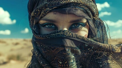 A close-up of a person's face, with piercing blue eyes, is the focal point of this image. The individual is wearing a patterned scarf that covers their hair and lower face, leaving only their eyes vis