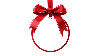 Blank red paper round christmas ball frame tag label card template hanging with shiny red ribbon and bow isolated on transparent background