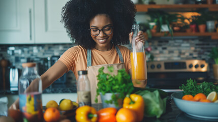 Happy healthy young woman wearing glasses pouring vegetable smoothies freshly made from assorted...