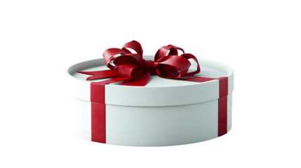 Blank open white round gift box or cylinder present box with red ribbon and bow isolated on transparent background