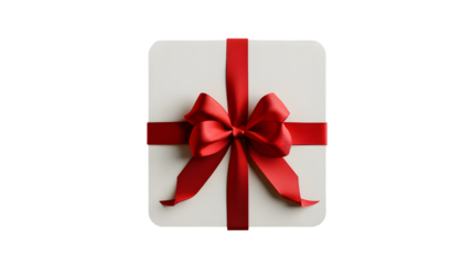 Blank white rounded square sign or empty white present mock up button signboard with red gift ribbon bow isolated on transparent background