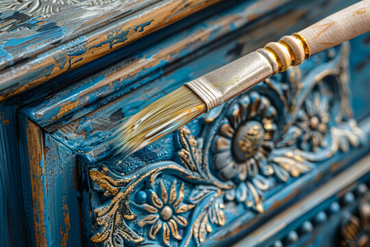 Close-up photo of wood painting or repair wooden furniture