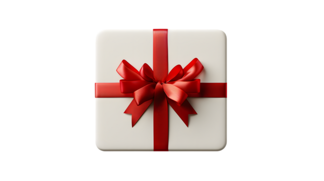 Blank white rounded square sign or empty white present mock up button signboard with red gift ribbon bow isolated on transparent background