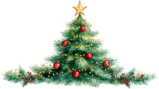 Christmas tree painted with a brush decorated with a star on top and beads isolated on transparent background