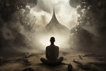 States of mind, psychology, culture and religion concept. Human silhouette sitting in meditation pose in surreal and mystical world background