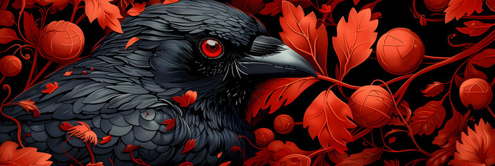 Dark bird baroque art style digital illustration,
black color bird with albino eye 