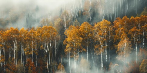 Illustration of Misty Foggy Autumnal Birch Trees in Fall Colors. Generative AI.
