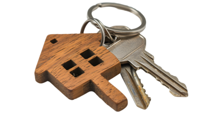 collection of house keys on a keychain in the shape of a house isolated on transparent background