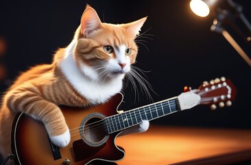 cat playing guitar, trending on artstation, sharp focus, studio photo, intricate details, highly detailed,