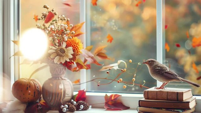 autumn background  bouquet of flowers and  a wooden bird on the books. . seamless looping overlay 4k virtual video animation background