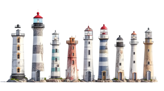 Collection of lighthouse isolated on transparent background