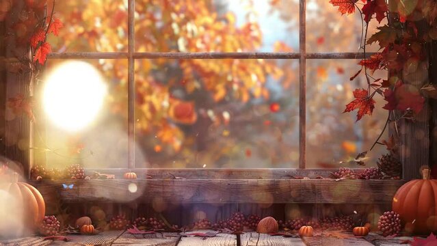 fall wooden window sill and free space for your decoration. seamless looping overlay 4k virtual video animation background