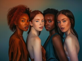 Portrait of four diverse women, ethnic diversity, strong sisterhood.
