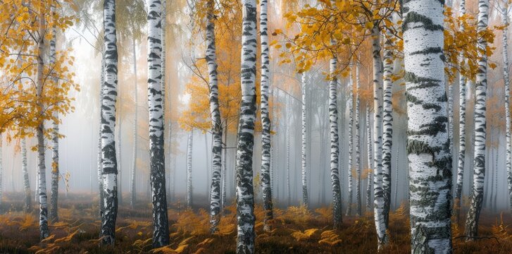 Illustration of Misty Foggy Autumnal Birch Trees in Fall Colors. Generative AI.
