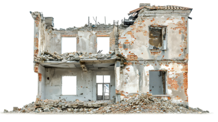 Demolished buildings and residential houses, destroyed homes and architectural constructions and sights. ruined building isolated on transparent background