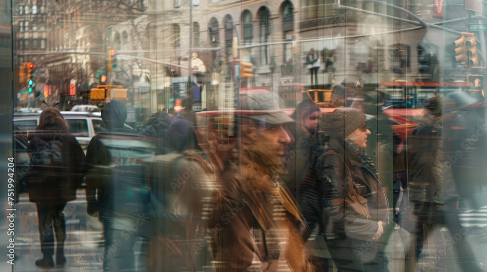 Poster people of all ages and backgrounds can be seen passing by in the reflection highlighting the diversi