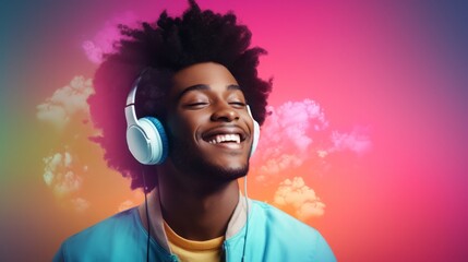 Portrait of smiling young man with headphones, man listening to music, adult African American man wearing light blue tracksuit isolated on colorful background with a smoke.