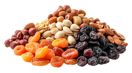 Different dried fruits and nuts. Pile of various dried fruits for compote isolated on transparent background - obrazy, fototapety, plakaty