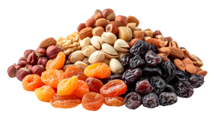 Different dried fruits and nuts. Pile of various dried fruits for compote isolated on transparent background