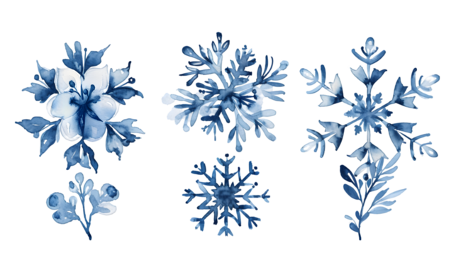 different snowflakes drawn with watercolor blue paint isolated on transparent background