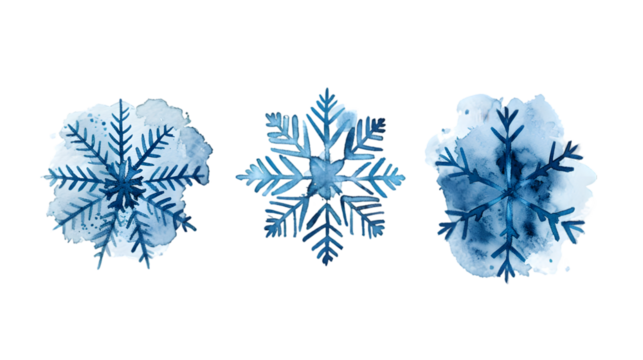 different snowflakes drawn with watercolor blue paint isolated on transparent background - Powered by Adobe