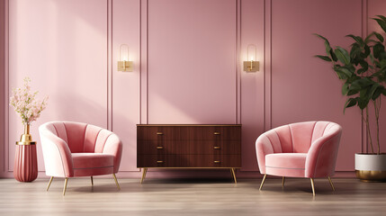 Contemporary Pink-Themed Living Room with Velvet Armchairs and Wooden Sideboard