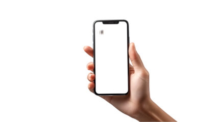 female hand holds a smart phone isolated on transparent background