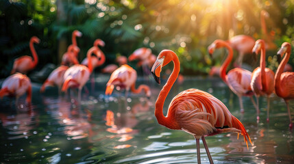 Close up of stunning pink flamingos standing in the water