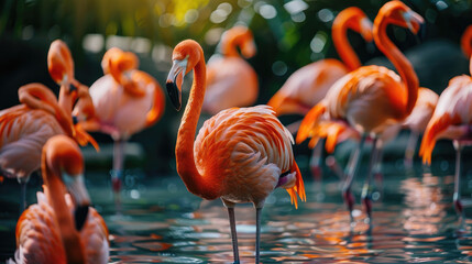 Close up of stunning pink flamingos standing in the water