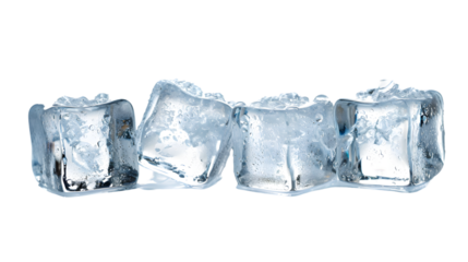 four ice cubes in a row isolated on transparent background