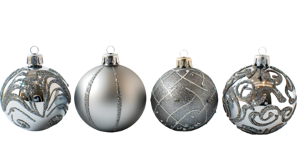 Four Christmas ornaments in silver color, from different angles isolated on transparent background
