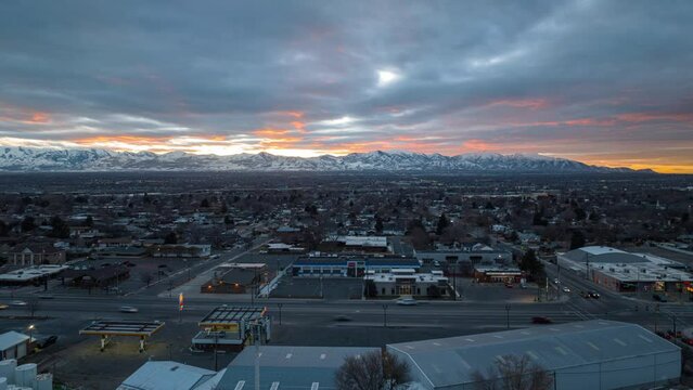 Hyperlapse capturing sunset with Dramatic colors over Midvale Utah streets
