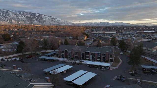 Aerial Shot over Apartments Community in Midvale Utah at sunset