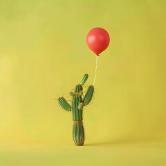 Cactus holds red balloon on a bright yellow background. Creative minimal concept.