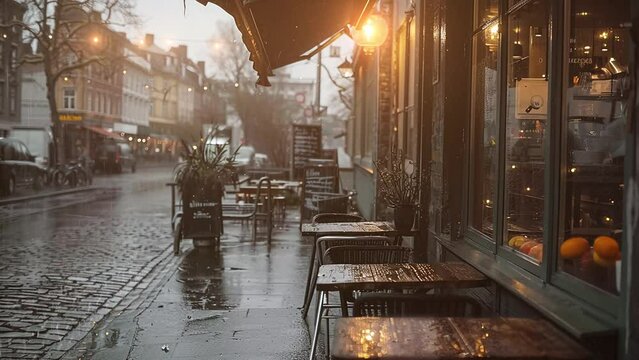 warmth cafe on a dull day. rainy day in front of a cafe. seamless looping overlay 4k virtual video animation background