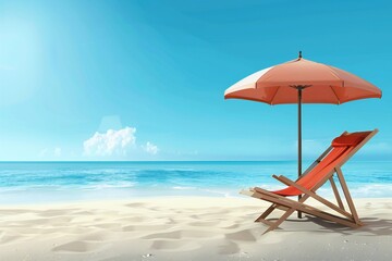 beach chair and umbrella on sandy Beach relax vacation summer, empty space banner - obrazy, fototapety, plakaty