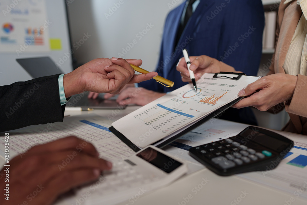 Poster business teamwork discussing brainstorming and calculating with a calculator on evaluation data in t