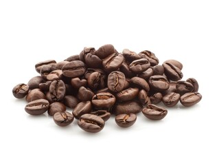 Medium Roast Coffee Beans on White Scattered coffee beans, glossy texture, medium roast, isolated on white background, close-up, rich brown color