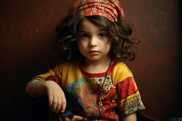 Portrait of a beautiful little girl with curly hair in a bandana.