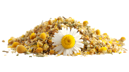 heap of dry chamomile and one fresh chamomile flower in the middle isolated on transparent background