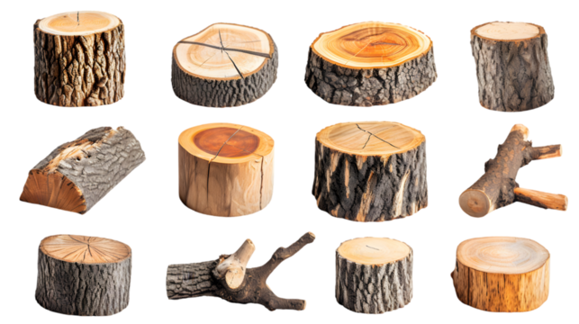 Hardwood trees stub collection cut out isolated on transparent background