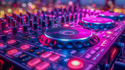 Fototapeta na wymiar Close up of dj hands playing music on mixer console at nightclub